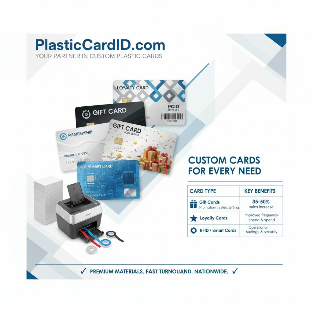 Card Type          Common Uses          Typical ROI                                      Gift Cards          Promotional sales, gifting          35-50% increase in sales                          Loyalty Cards          Repeat purchases, retention          Improved frequency & spend                          RFID / Smart Cards          Access control, secure ID          Operational savings & security                      Design & Specialty Options